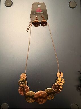 Paparazzi Rose Gold Hammered Disc Necklace & Earrings Set